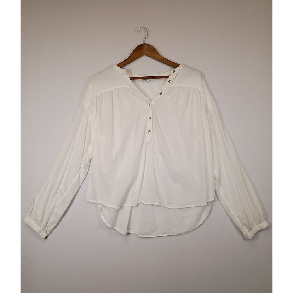 Boho Coastal‎ Sonoma Women Medium White Cotton Modal Henley Blouse Top